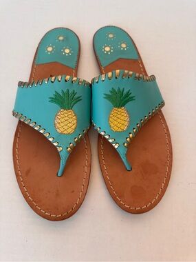 Jack Rogers Sandals Womens 11 Aqua Pineapple Leather Flip Flop Thong Beach